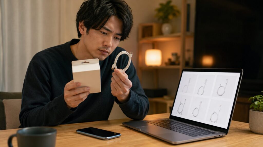 通販でiPhone充電ケーブルの商品と販売元を確認する日本人男性