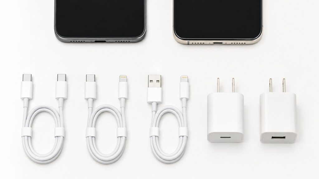 iPhone用USB-C・Lightningケーブルと電源アダプタの端子比較
