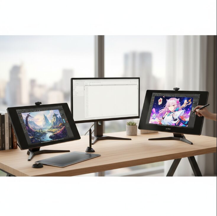 モダンなデスクに並べられたXP-PenとWacomの液晶ペンタブレットの比較イメージ。