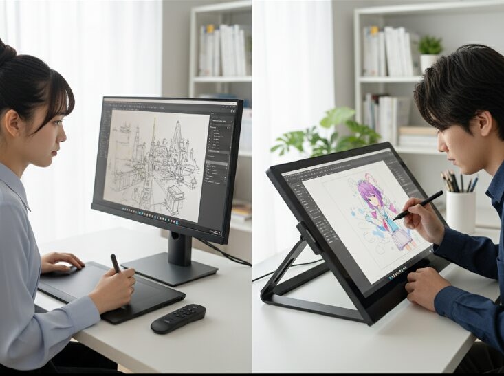 板タブ（モニターを見ながら描画）と液タブ（画面に直接描画）の作業スタイルの違いを比較する日本人イラストレーター。