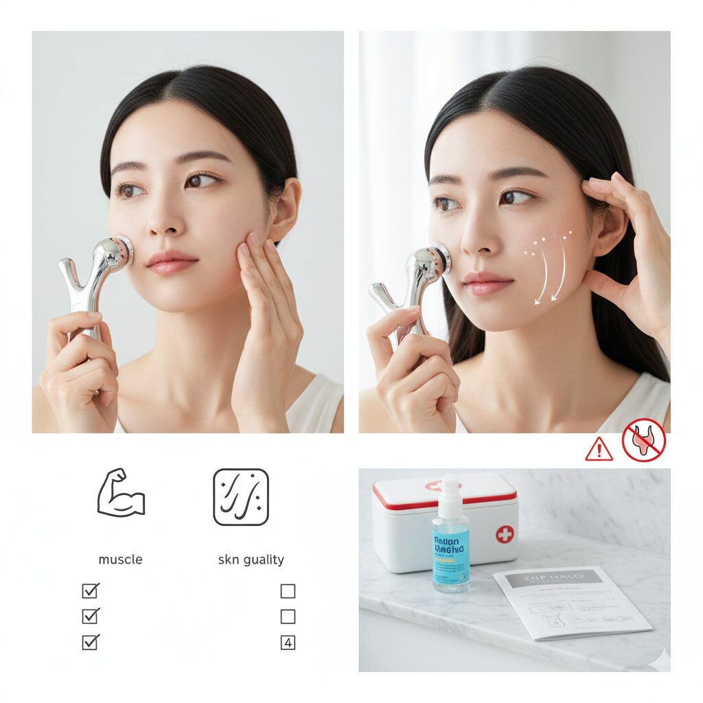 ZIIP HALO美顔器を使って顔をケアする若いアジア人女性の前後比較イメージと、美顔器の機能比較や使用上の注意点を示すアイコンと製品説明書、応急処置キットが描かれたコラージュ。美顔器の選び方と効果を分かりやすく伝える。