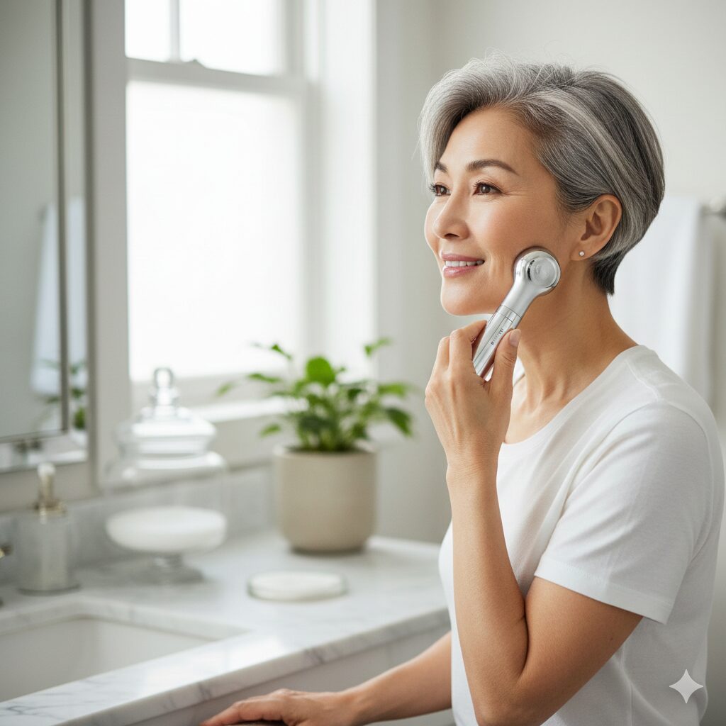 白髪が魅力的な50代のアジア人女性が、バスルームでZIIP HALO美顔器を使って頬をケアしている様子。明るい表情で、年齢を重ねた肌への効果的なアプローチを表現。