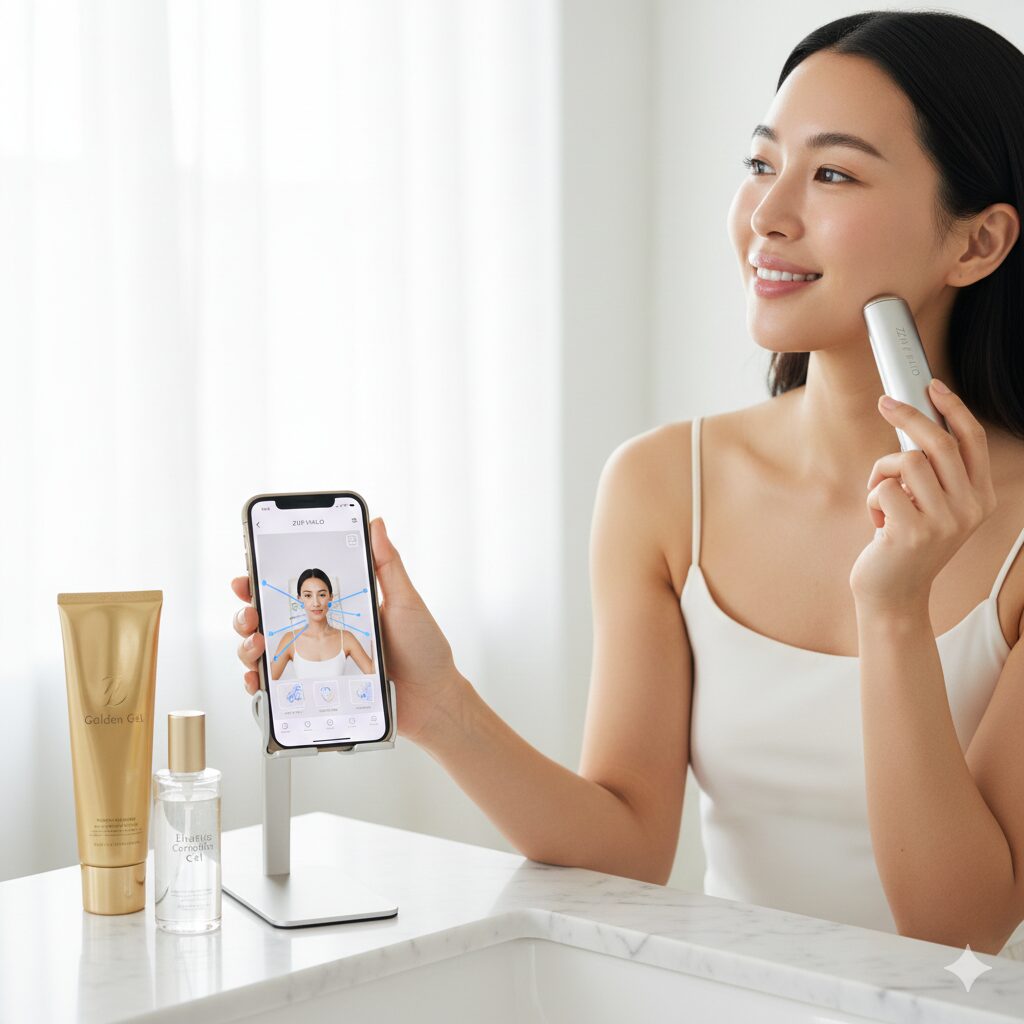 白髪が魅力的な50代のアジア人女性が、バスルームでZIIP HALO美顔器を使って頬をケアしている様子。明るい表情で、年齢を重ねた肌への効果的なアプローチを表現。