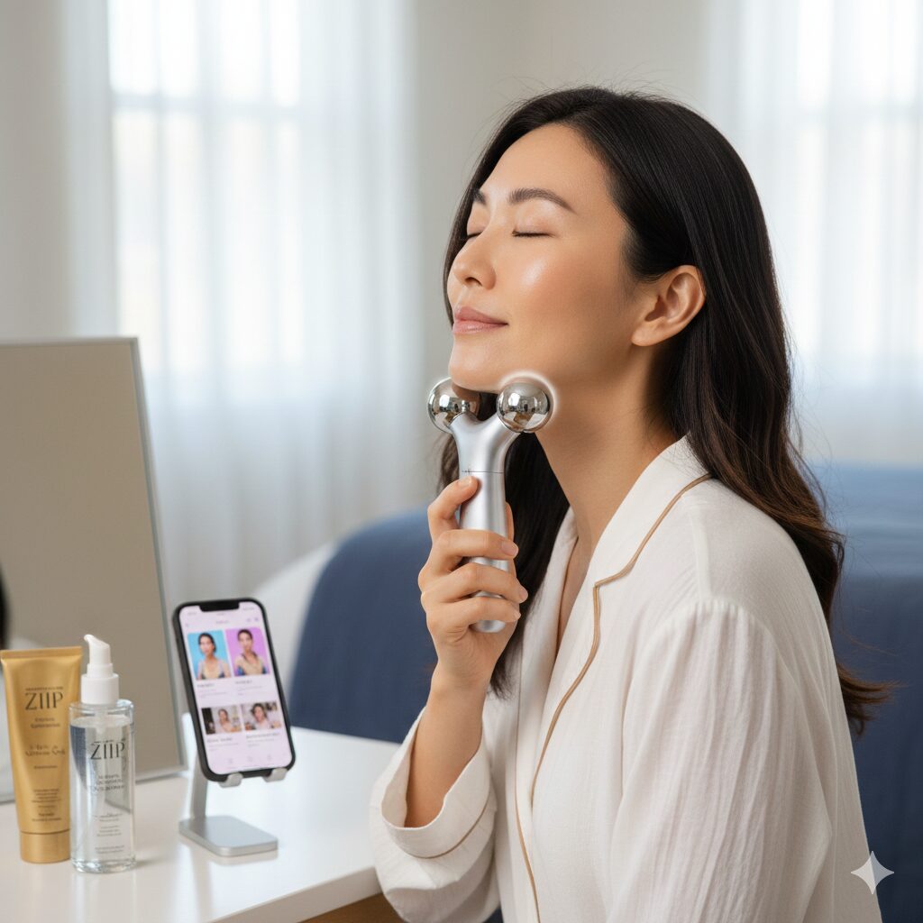 明るい部屋で、鏡の前でZIIP HALO美顔器を使ってフェイシャルケアをするアジア人女性。穏やかな表情で、美顔器によるリラックスした美容時間を表現。