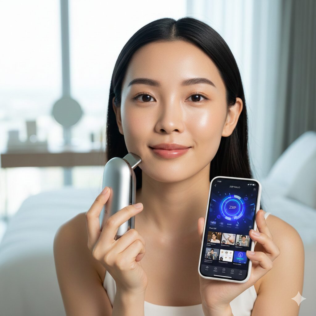 自宅のリビングでZIIP HALO美顔器を顔にあて、隣に専用アプリ画面を表示したスマートフォンを持つ笑顔の若い女性。美顔器とアプリの連携による手軽なスキンケアを象徴する。