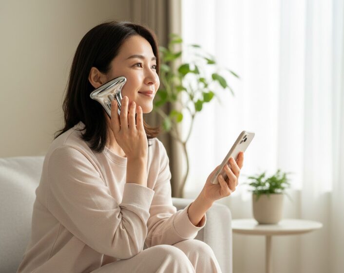 自宅のソファでリラックスしながらZIIP HALO美顔器を使用し、スマートフォンを操作するアジア人女性