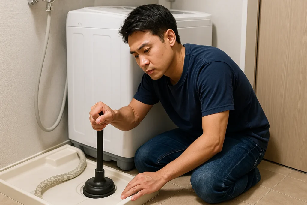 洗濯機の排水口が穴だけの場合におけるつまり解消方法