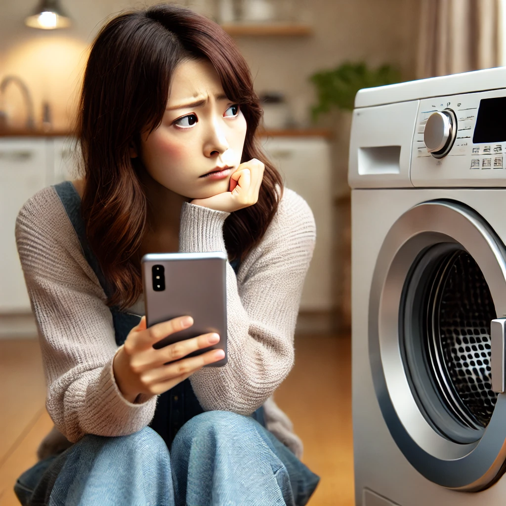自宅の洗濯機が故障し、買い替えを検討している様子の日本人女性が不安げな表情でスマートフォンのレビュー記事を見ている。背景には壊れた洗濯機がある。