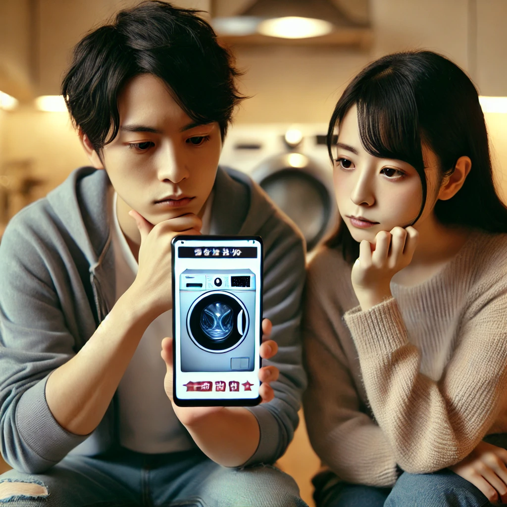 洗濯機の購入で悩んでいる日本の若い夫婦。彼らはスマートフォンの比較サイトを見ており、安価なアイリスオーヤマの洗濯機と高価な大手メーカーの洗濯機のどちらを選ぶか迷っている様子。