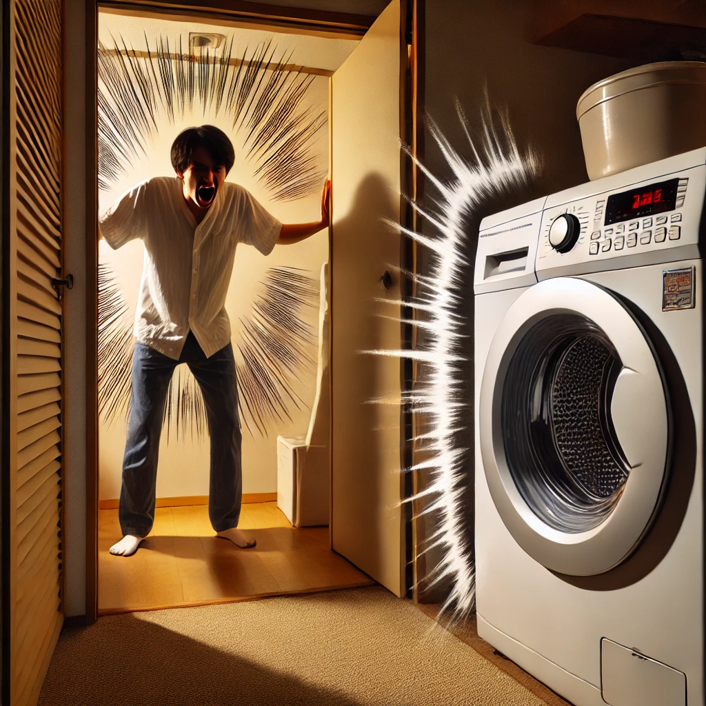 日本のマンションの一室で、稼働中の洗濯機が激しい音と振動を立てており、隣室から壁を叩く音が聞こえてくる。近隣住民が騒音に不満を抱いている様子。