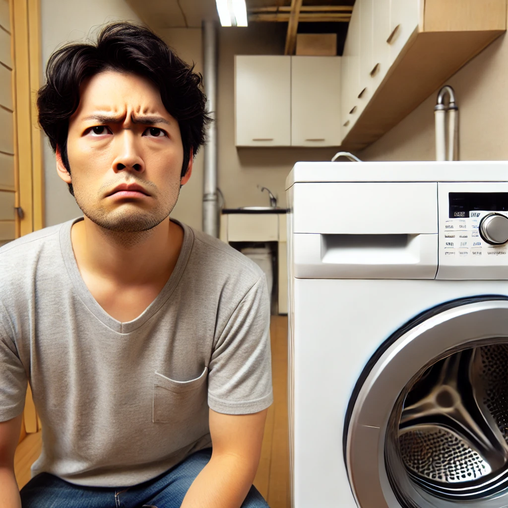 故障して動かなくなった洗濯機の前で、困惑した表情を浮かべる日本人男性。彼は寿命の短い家電製品に対する不満を感じている様子。