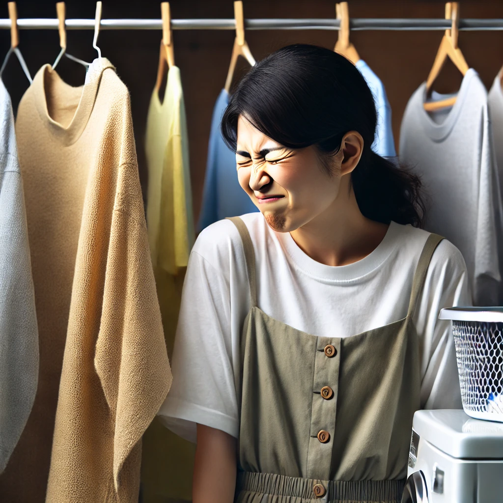 部屋干しされた洗濯物がなかなか乾かず、生乾きの臭いに顔をしかめる日本人女性。簡易乾燥機能しか持たない洗濯機への不満が表現されている。