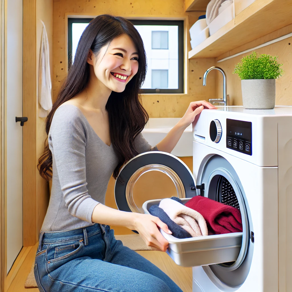コンパクトな一人暮らしの部屋に設置されたシンプルなデザインの洗濯機。手頃な価格と使いやすさに満足している日本人女性が笑顔で洗濯物を入れている。
