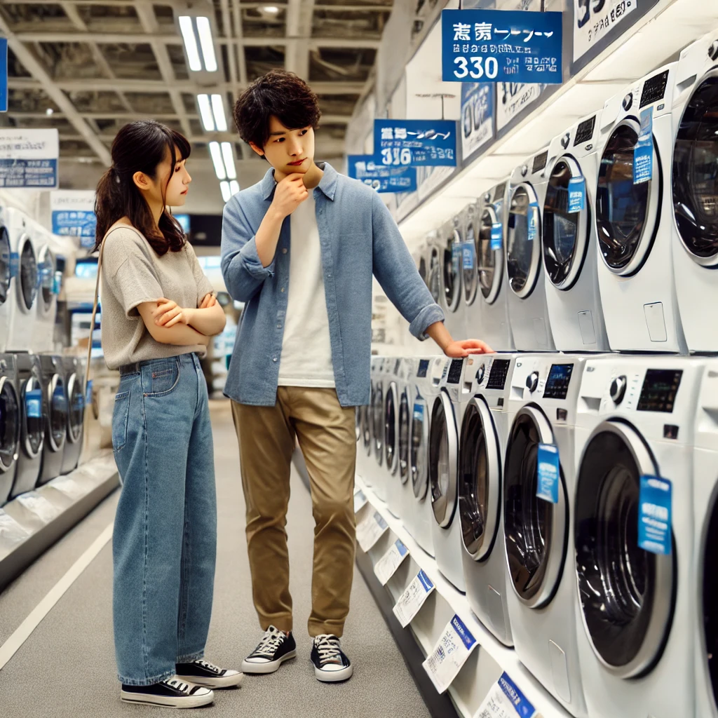 家電量販店で様々な洗濯機を比較検討している日本の若い夫婦。彼らはそれぞれの機能や価格、ライフスタイルへの適合性を真剣に話し合っている。