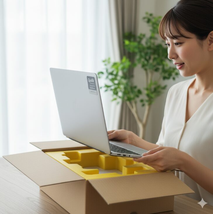自宅で丁寧に梱包されたQualitの中古パソコンを開封し、その品質の高さに満足げな笑顔を見せる日本人女性