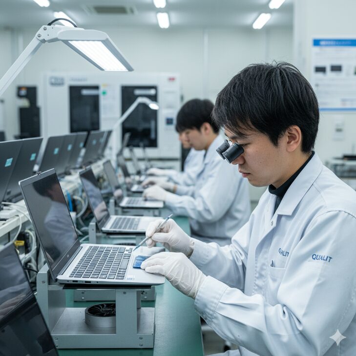 白衣を着た日本人技術者が、拡大鏡を使って中古パソコンの内部を細かく検査している様子。Qualitの厳格な品質管理体制を示唆。