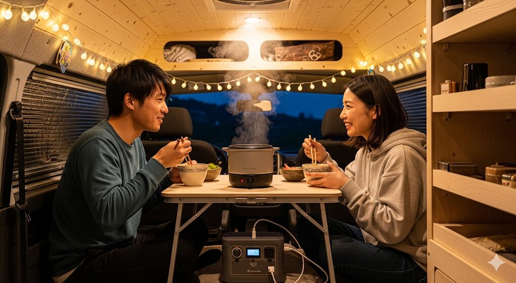 車中泊でポータブル電源を活用する日本人カップル。電気調理器で温かい食事を楽しんでいる快適な場面。