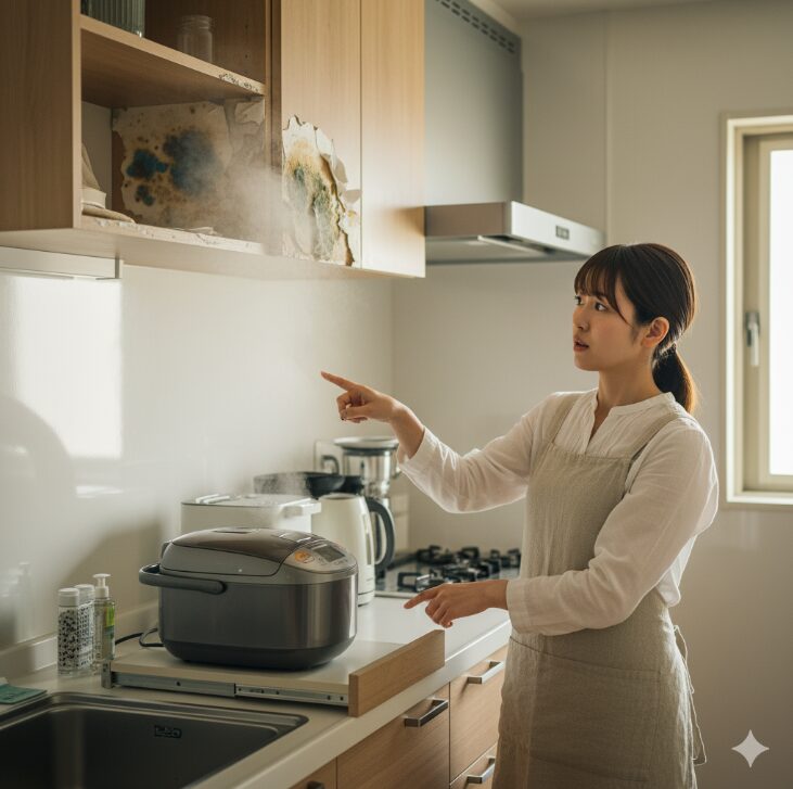 炊飯器の蒸気で損傷したカップボードを指し示す日本人女性