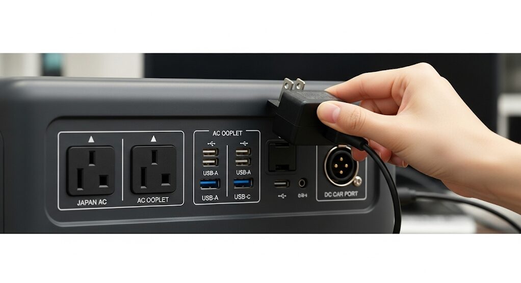 ノートパソコンなどの精密機器も安心して使える、純正弦波出力ポートを備えたポータブル電源。