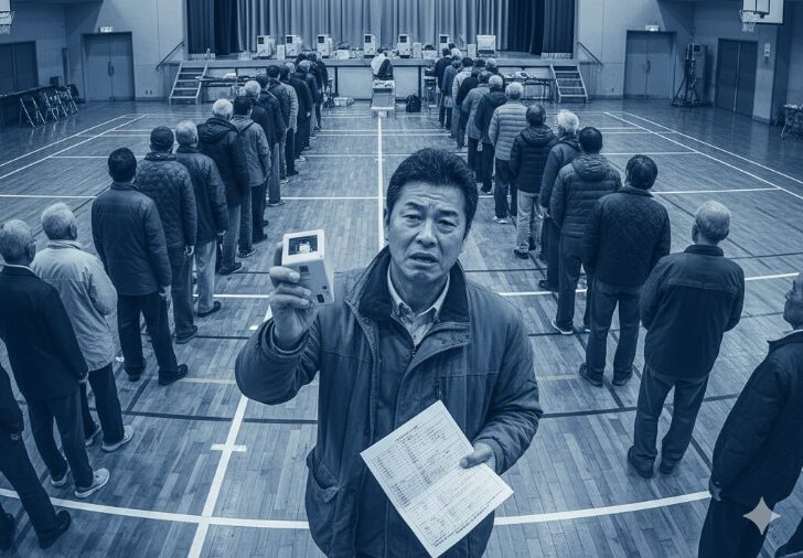 体育館で行われている官公庁払い下げパソコン販売会で、古いノートPCを持ち、不安そうな表情でカメラを見る日本人男性。背景には多くの参加者が並んでいる。
