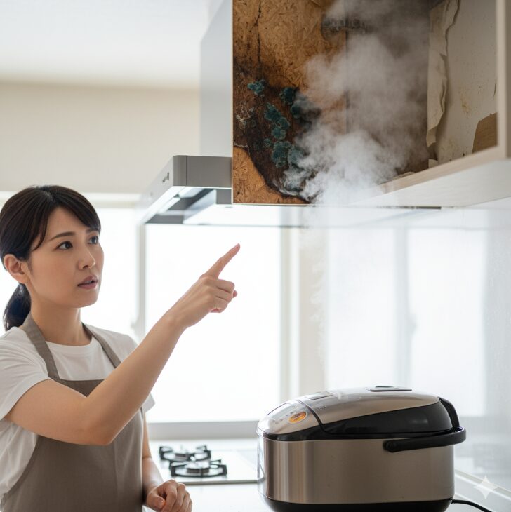 炊飯器の蒸気でカビが生え、壁紙が剥がれた棚を指さして驚く日本人女性