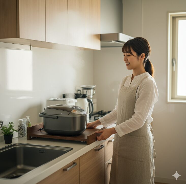 スライド式のトレーで炊飯器を手前に引き出し、笑顔で使う日本人女性