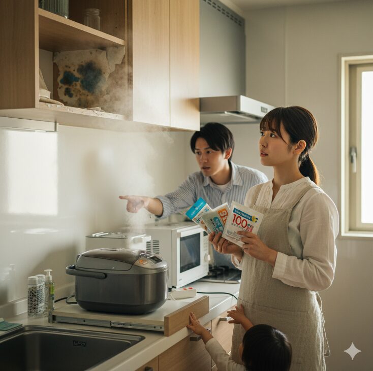 炊飯器の蒸気が直接棚に当たるキッチンで、心配そうに様子を見つめる日本人家族