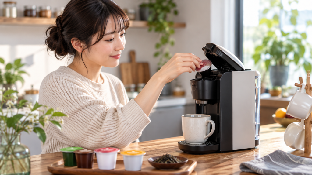 紅茶用カプセルをコーヒーメーカーにセットする女性