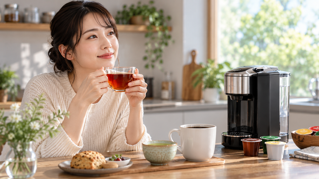 カプセル式コーヒーメーカーで淹れた紅茶を楽しむ女性