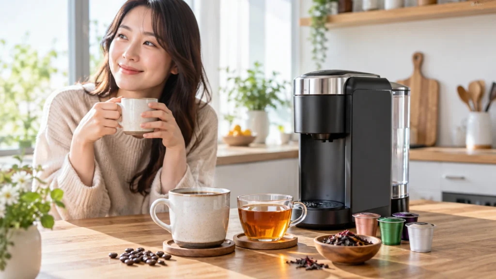 コーヒーと紅茶を楽しめるカプセル式コーヒーメーカーと日本人女性
