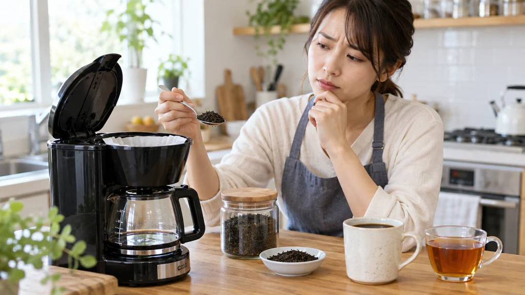 ドリップ式コーヒーメーカーに茶葉を入れてよいか確認する女性