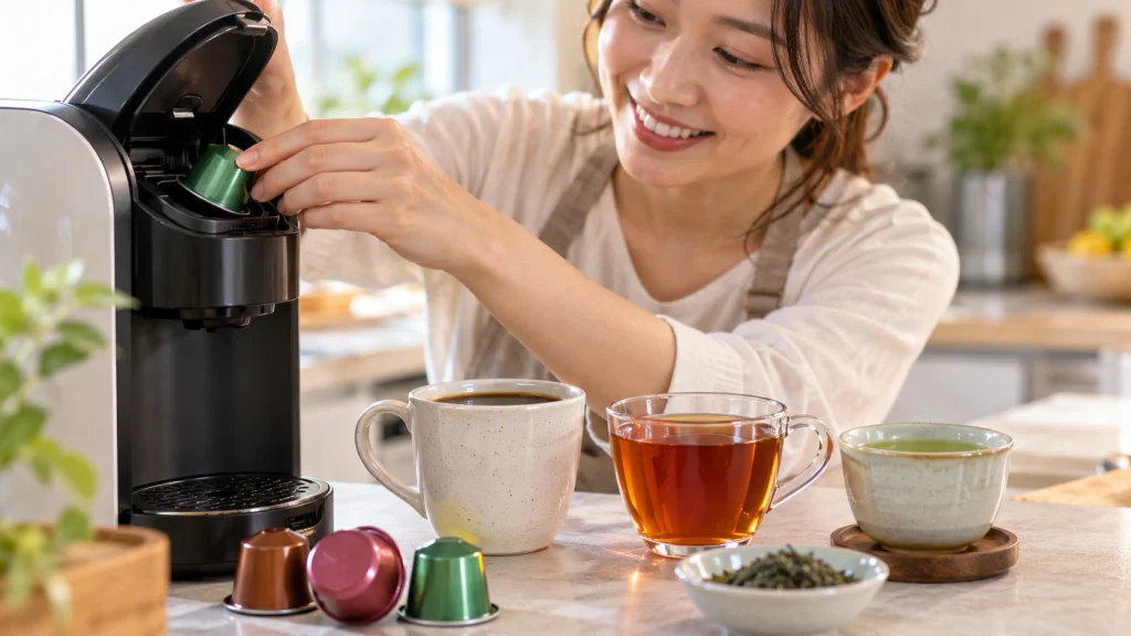 紅茶対応のカプセル式コーヒーメーカーにカプセルをセットする女性